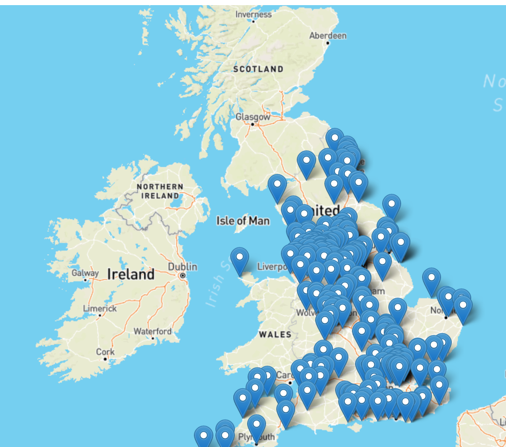 One of the versions of the free school meals map, showing hundreds of locations across England and Wales